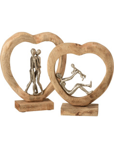 Statuette Couple Amoureux Bisou XL Hauteur 35 cm en Bois de manguier Naturel Métal Argenté Lify - 2