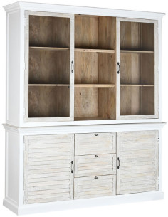 Buffet vaisselier Haut 4 portes 3 tiroirs Bois de manguier Blanc Verre Transparent Costia - 1