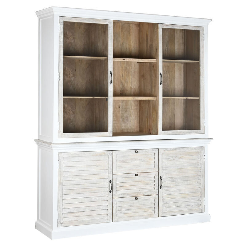 Buffet vaisselier Haut 4 portes 3 tiroirs Bois de manguier Blanc Verre Transparent Costia - 1