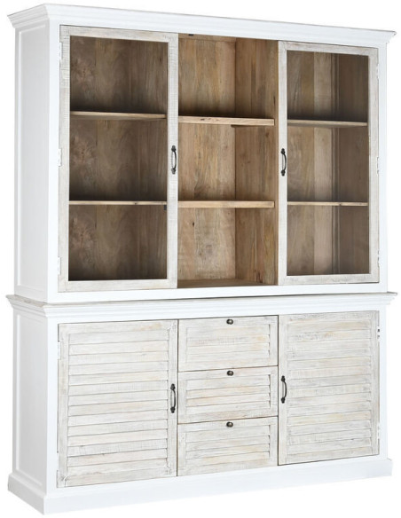 Buffet vaisselier Haut 4 portes 3 tiroirs Bois de manguier Blanc Verre Transparent Costia - 1