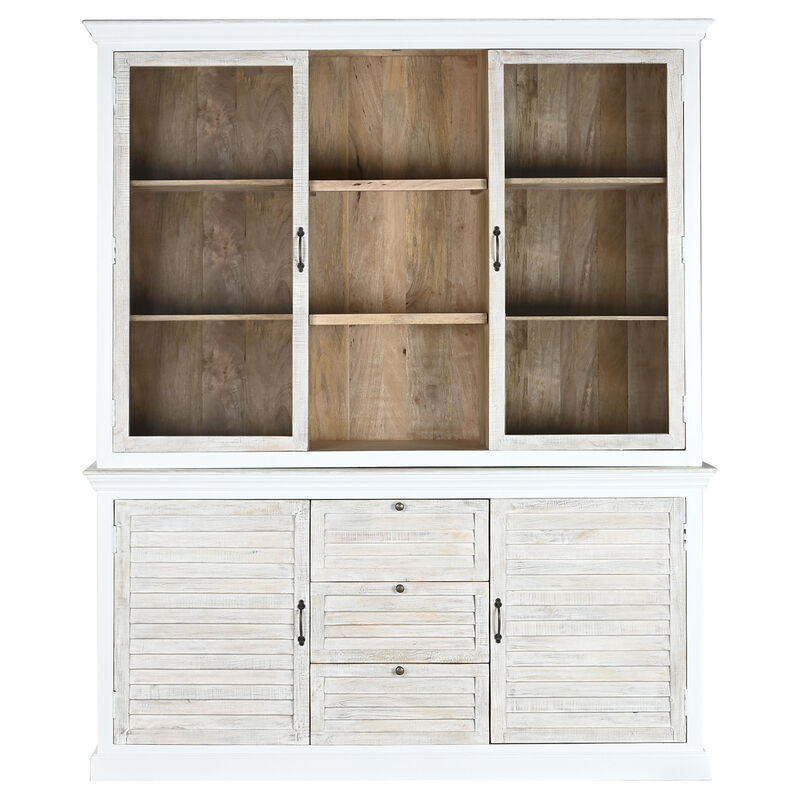 Buffet vaisselier Haut 4 portes 3 tiroirs Bois de manguier Blanc Verre Transparent Costia - 8
