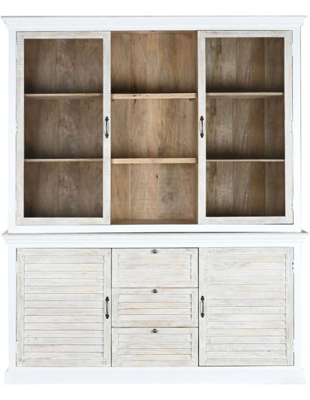 Buffet vaisselier Haut 4 portes 3 tiroirs Bois de manguier Blanc Verre Transparent Costia - 8
