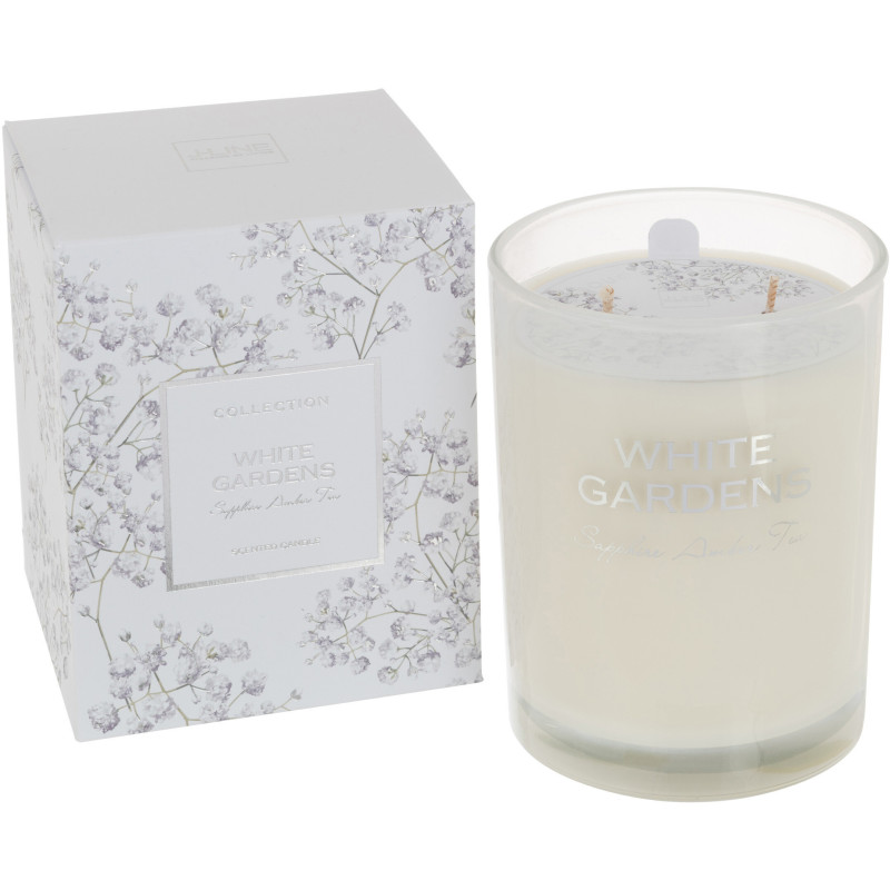 Bougie parfumée XL Florale 70 heures White Garden Parfum Sapphire Amber Tea avec photophore en Verre - 1