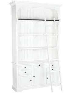 Bibliothèque style cottage avec échelle 3 portes 5 tiroirs 4 étagères Bois Blanc Cedra - 1