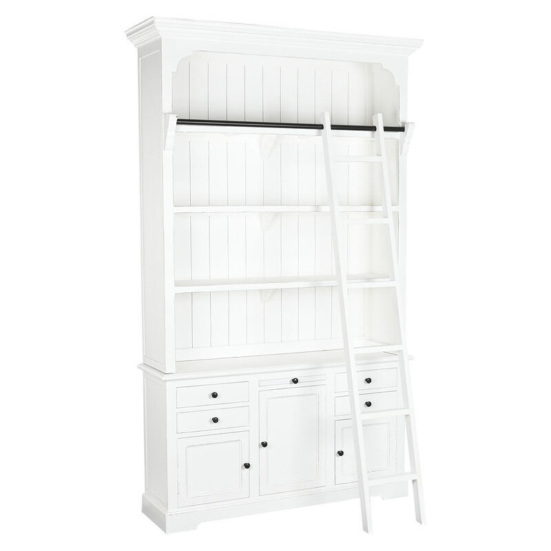 Bibliothèque style cottage avec échelle 3 portes 5 tiroirs 4 étagères Bois Blanc Cedra - 1