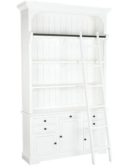 Bibliothèque style cottage avec échelle 3 portes 5 tiroirs 4 étagères Bois Blanc Cedra - 1