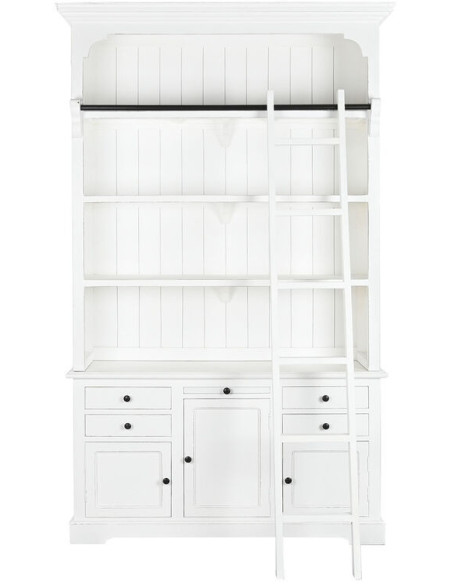 Bibliothèque style cottage avec échelle 3 portes 5 tiroirs 4 étagères Bois Blanc Cedra - 2