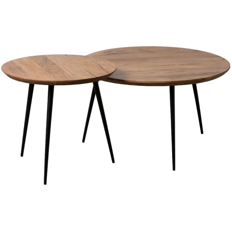 Lot de 2 tables basses gigognes rondes acacia naturel métal noir 70 et 50 cm Vojia Ixia - 1