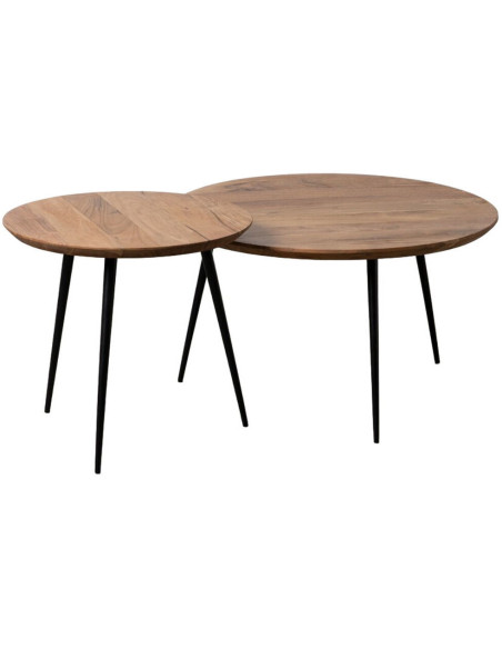 Lot de 2 tables basses gigognes rondes acacia naturel métal noir 70 et 50 cm Vojia Ixia - 1