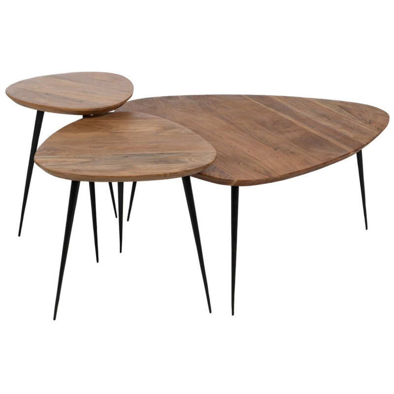 Table basse gigogne moderne Galet Bois d'acacia Naturel Métal Noir Jaspia (Lot de 3) - 1