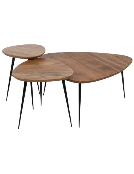 Table basse gigogne moderne Galet Bois d'acacia Naturel Métal Noir Jaspia (Lot de 3) - 1