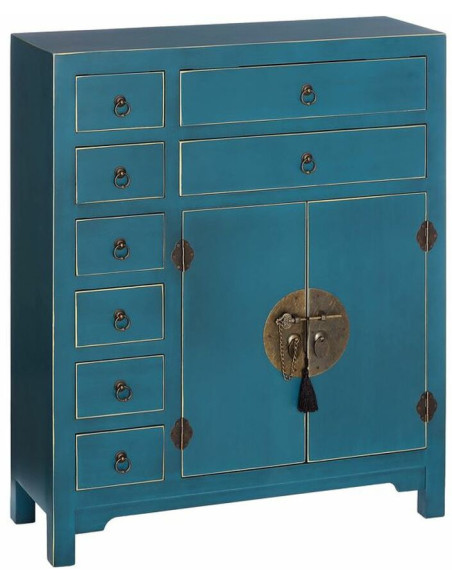 Buffet style chinois Bas 2 portes 8 tiroirs Bois Bleu Oriente - 1