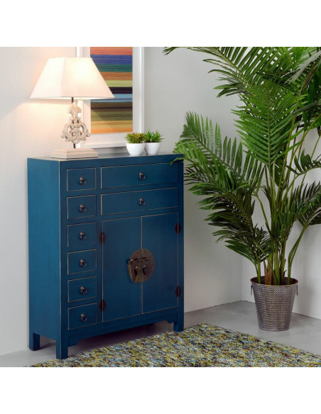 Buffet style chinois Bas 2 portes 8 tiroirs Bois Bleu Oriente - 2