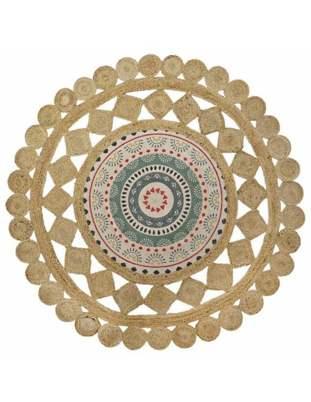 Tapis Bohème chic Rond 150x150 en Jute Naturel Coton Multicolore Pavan - 1