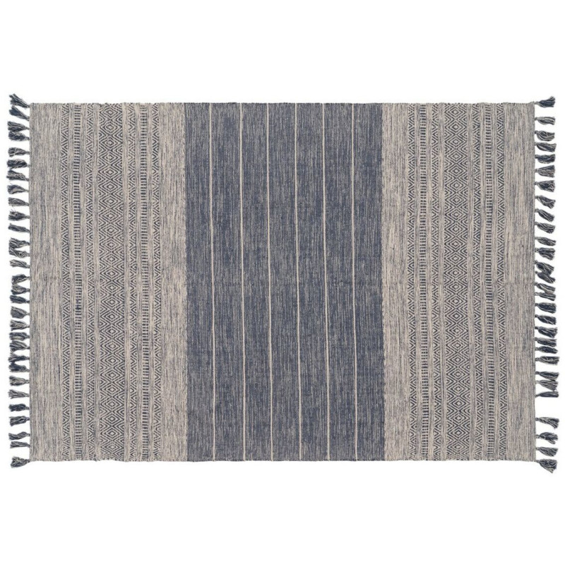Tapis Bohème chic XL Rectangulaire 160x230 en Polyester Bleu Coton Blanc Avec pompons Halvor - 1