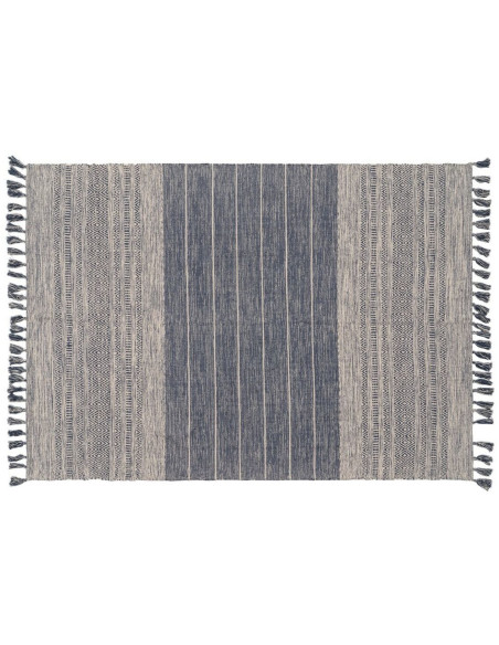 Tapis Bohème chic XL Rectangulaire 160x230 en Polyester Bleu Coton Blanc Avec pompons Halvor - 1