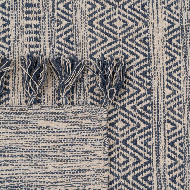 Tapis Bohème chic XL Rectangulaire 160x230 en Polyester Bleu Coton Blanc Avec pompons Halvor - 3