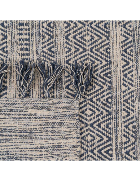 Tapis Bohème chic XL Rectangulaire 160x230 en Polyester Bleu Coton Blanc Avec pompons Halvor - 3