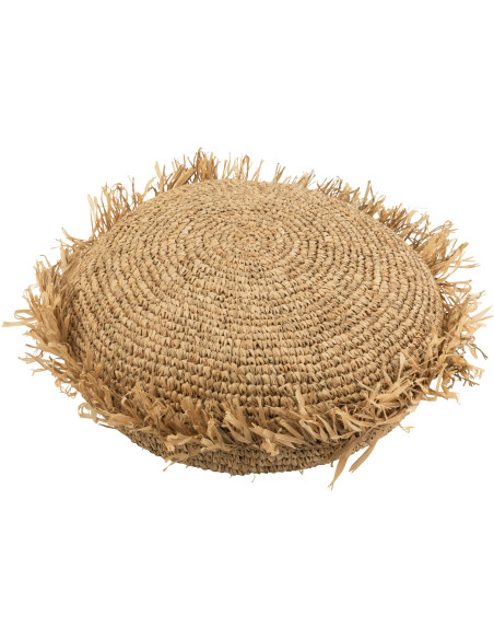 Coussin Rond XL Imani 60 cm en Raphia Naturel avec Franges Tressées - 1