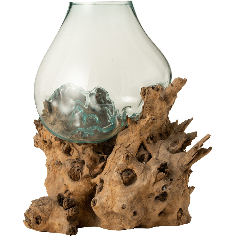 Vase Rond XXL Gamal Hauteur 80 cm en Verre Transparent Bois recyclé Naturel Sur pied - 1