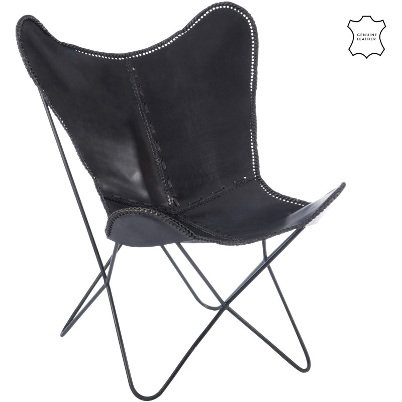 Fauteuil Papillon Autentik en Cuir véritable Noir Métal Noir - 1