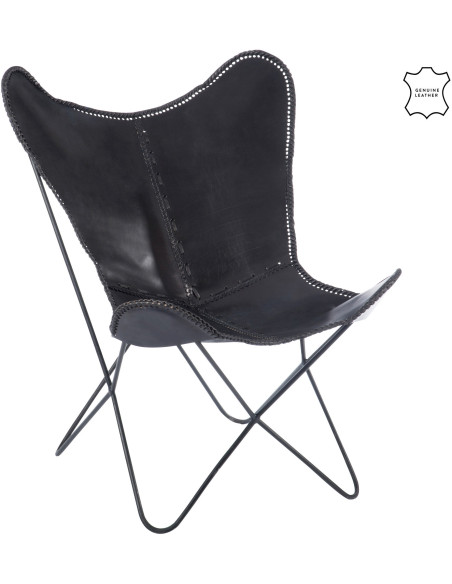 Fauteuil Papillon Autentik en Cuir véritable Noir Métal Noir - 1
