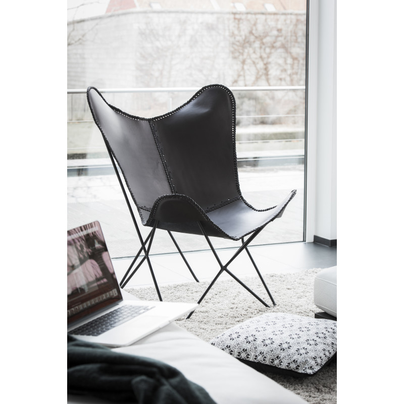 Fauteuil Papillon Autentik en Cuir véritable Noir Métal Noir - 2