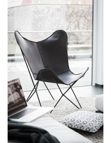 Fauteuil Papillon Autentik en Cuir véritable Noir Métal Noir - 2