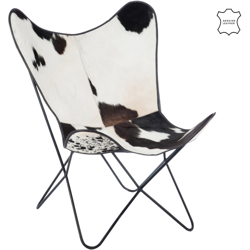 Fauteuil Papillon Peau de vache Autentik en Cuir véritable Métal Blanc Noir - 1