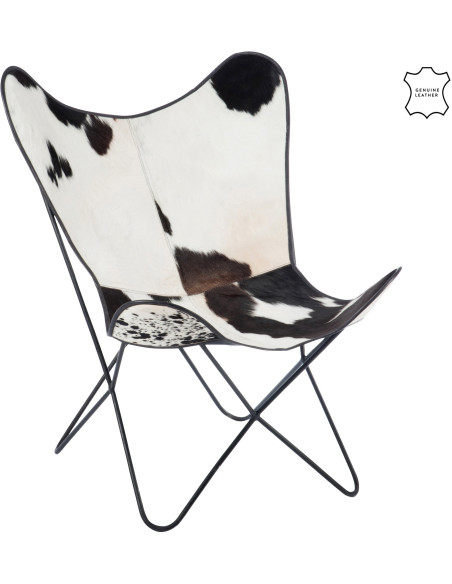 Fauteuil Papillon Peau de vache Autentik en Cuir véritable Métal Blanc Noir - 1