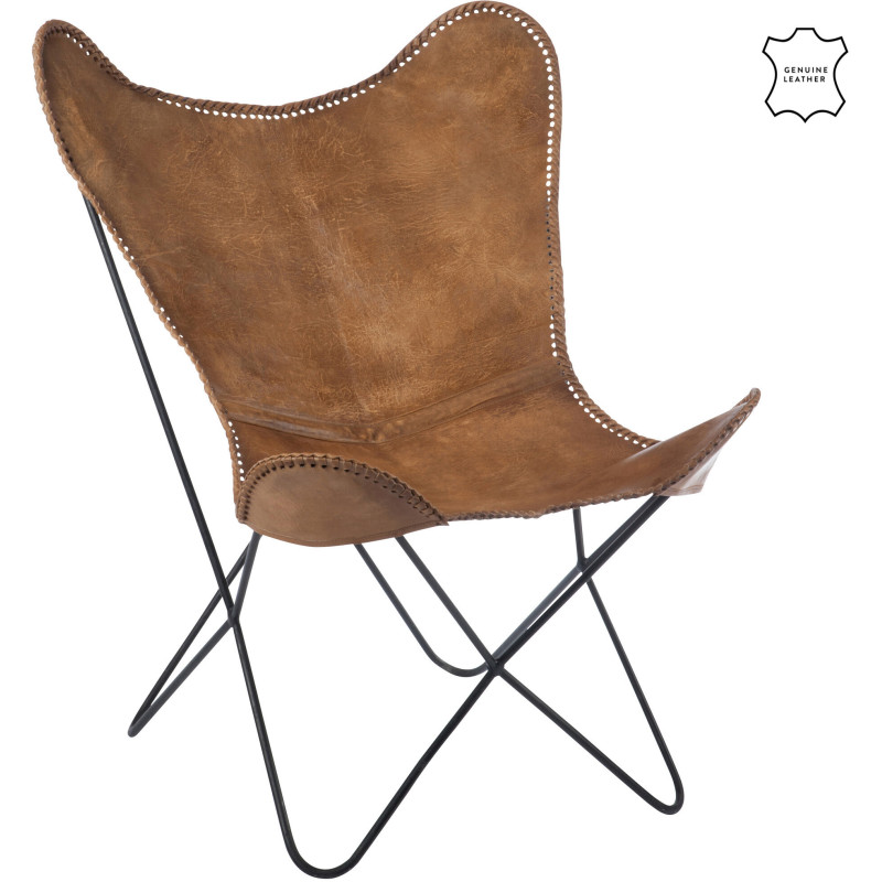 Fauteuil Papillon Autentik en Cuir véritable Cognac Métal Noir - 1