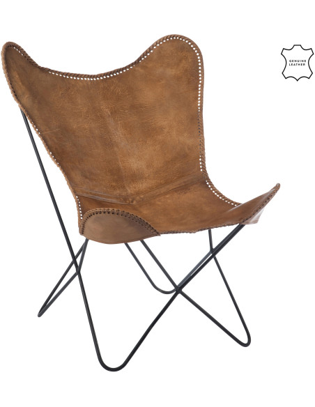 Fauteuil Papillon Autentik en Cuir véritable Cognac Métal Noir - 1