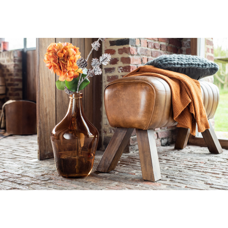 Banc de gymanstique 2 places 90 cm Autentik en Cuir véritable Cognac Bois de Sesham Marron - 5