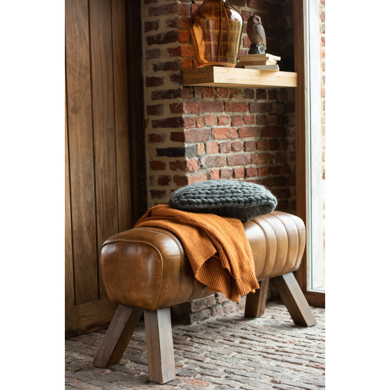 Banc de gymanstique 2 places 90 cm Autentik en Cuir véritable Cognac Bois de Sesham Marron - 7