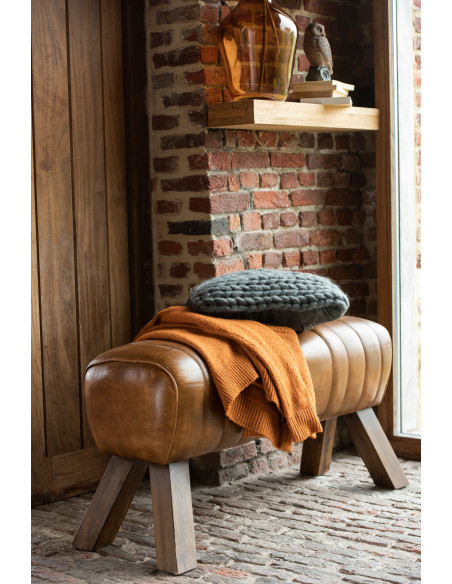 Banc de gymanstique 2 places 90 cm Autentik en Cuir véritable Cognac Bois de Sesham Marron - 7