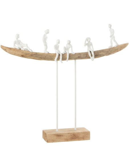 Décoration sur pied Personnages sur banc 45 cm Tabia en Bois de Manguier Naturel Métal Blanc - 1