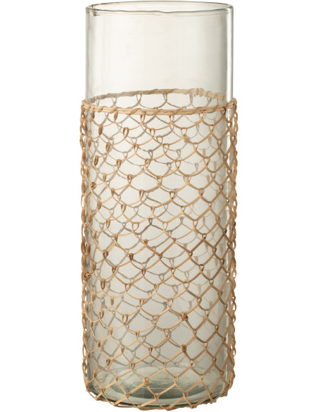 Vase Cylindrique Pesci Hauteur 40 cm en Verre Transparent Jute Naturel - 1