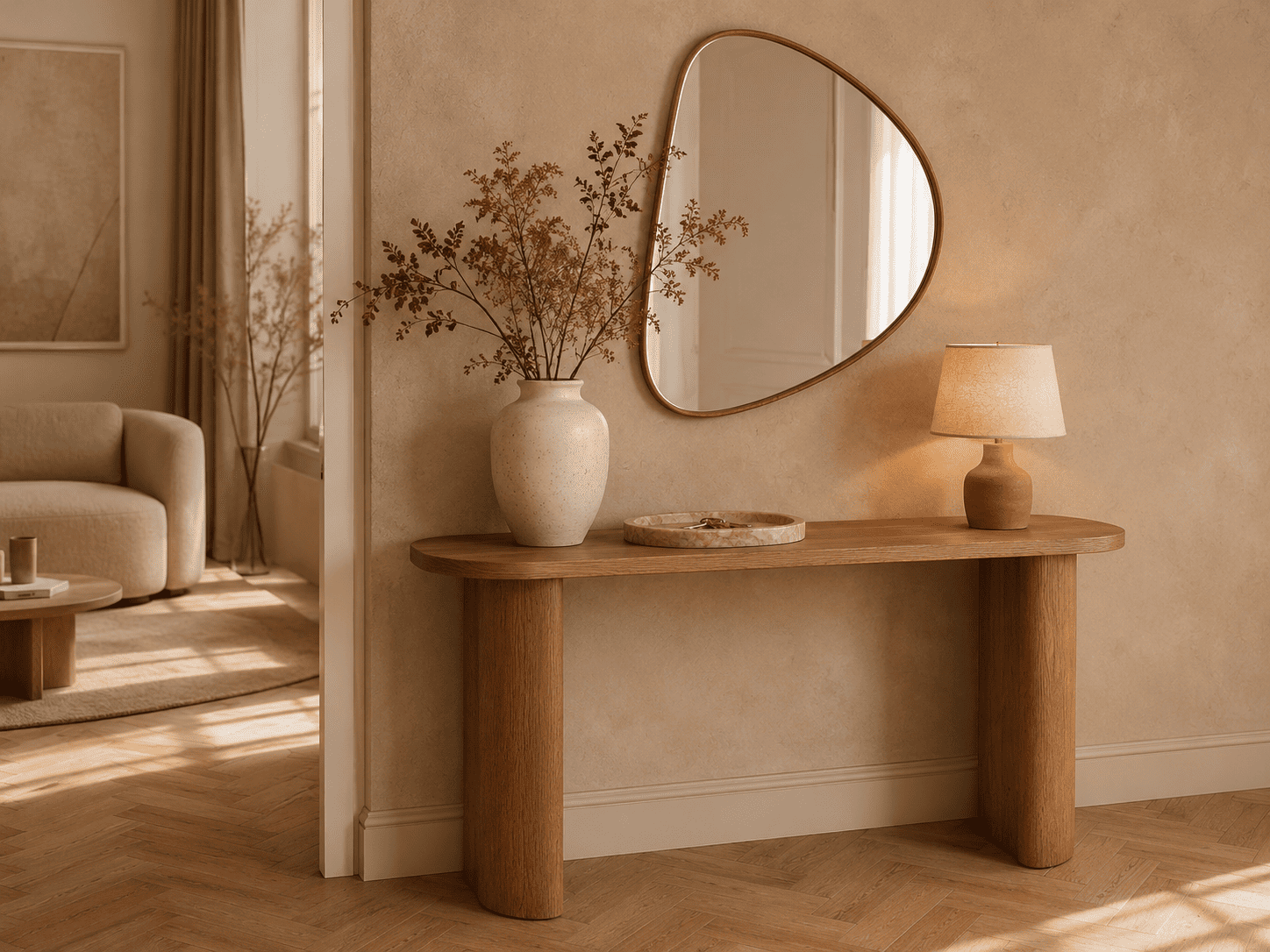 Console d’entrée design avec vase et miroir mural