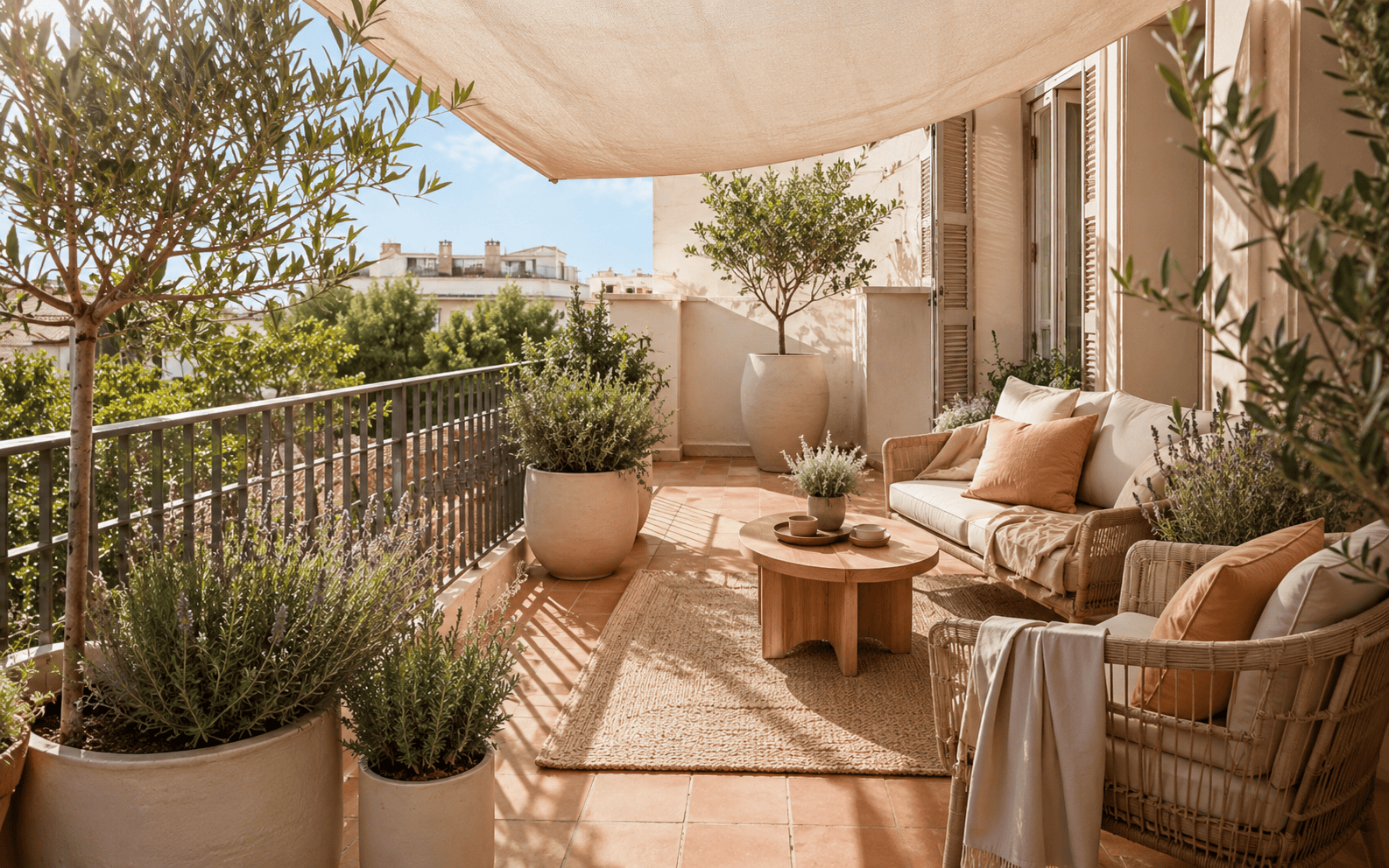 Guide balcon plein soleil avec voile d’ombrage et cache-pots clairs
