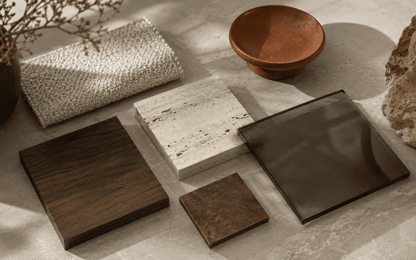 Moodboard matières 2026 pour table basse avec bois foncé, travertin, verre fumé, métal patiné et textile bouclé