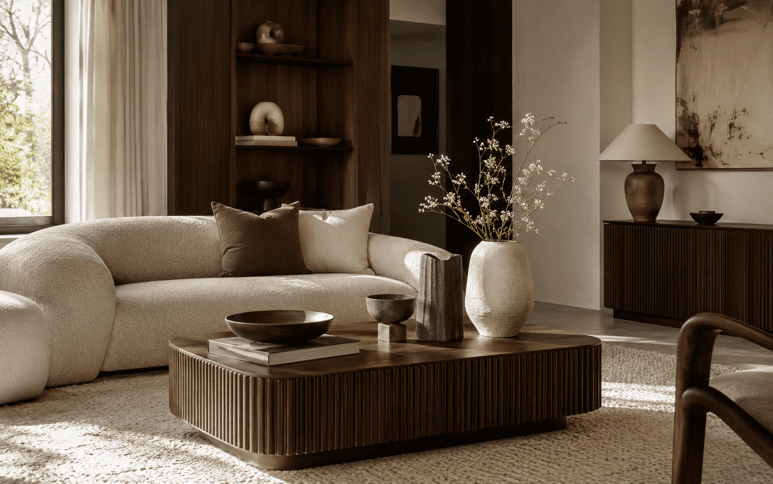 Table basse en bois nervuré et noyer dans un salon contemporain chaleureux