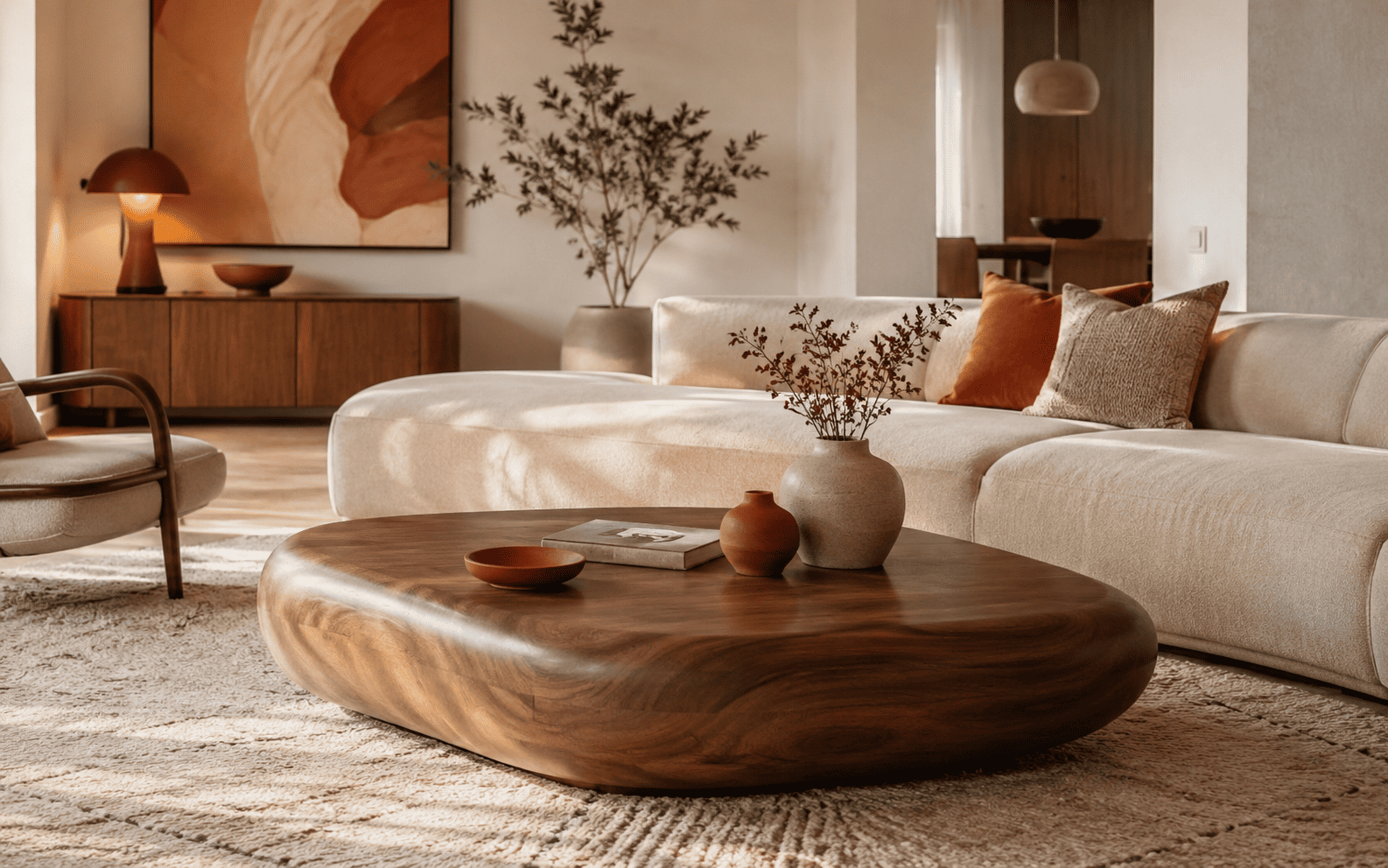 Table basse organique dans un salon beige, bois naturel et terracotta douce