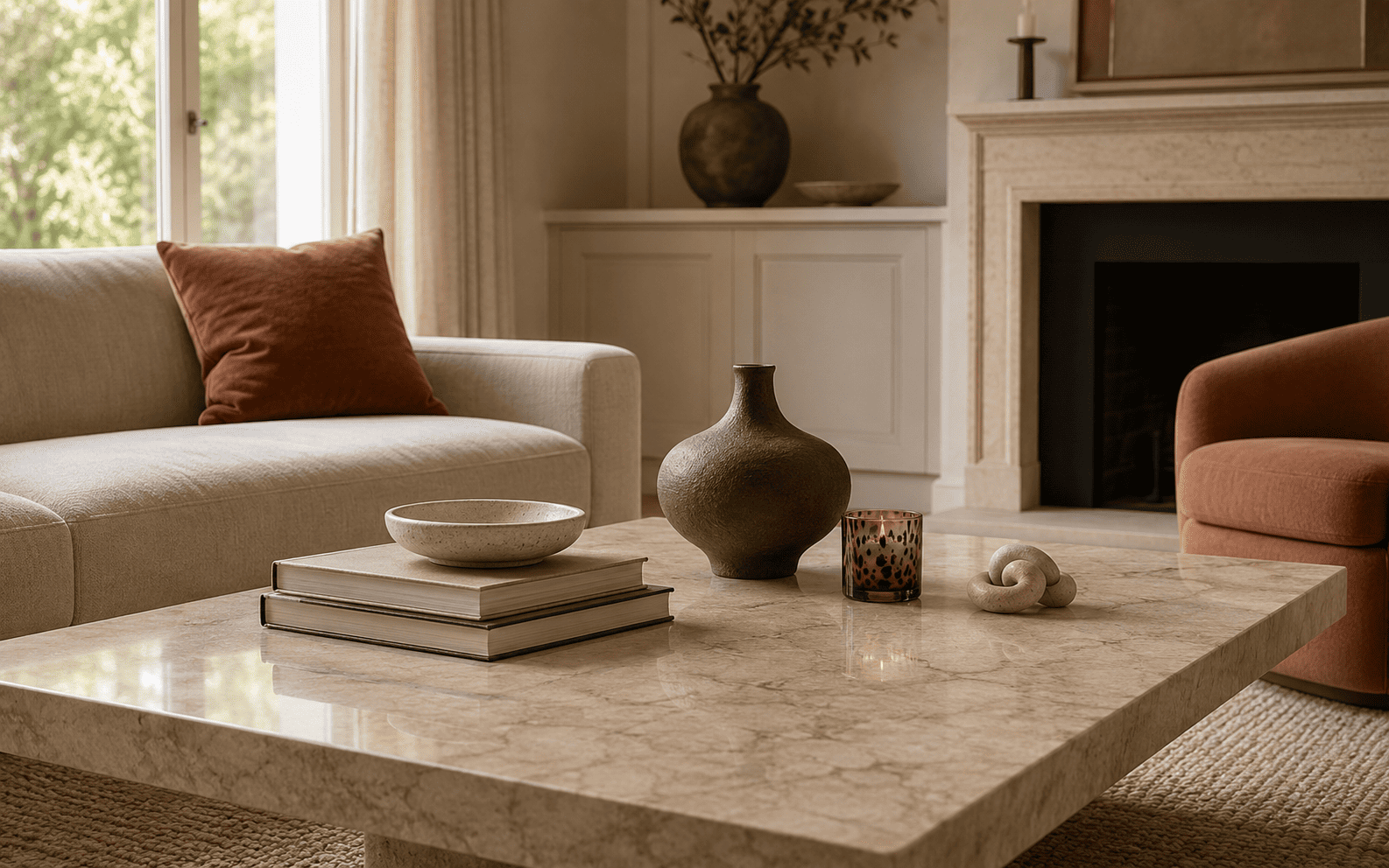 Table basse décorée avec livres, vase bas, objet sculptural et bougie dans un salon élégant