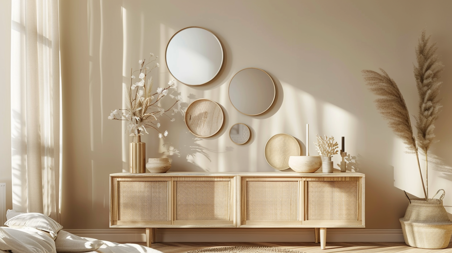 Accumulation de petits miroirs muraux de formes et cadres variés au-dessus d'un buffet dans un intérieur raffiné