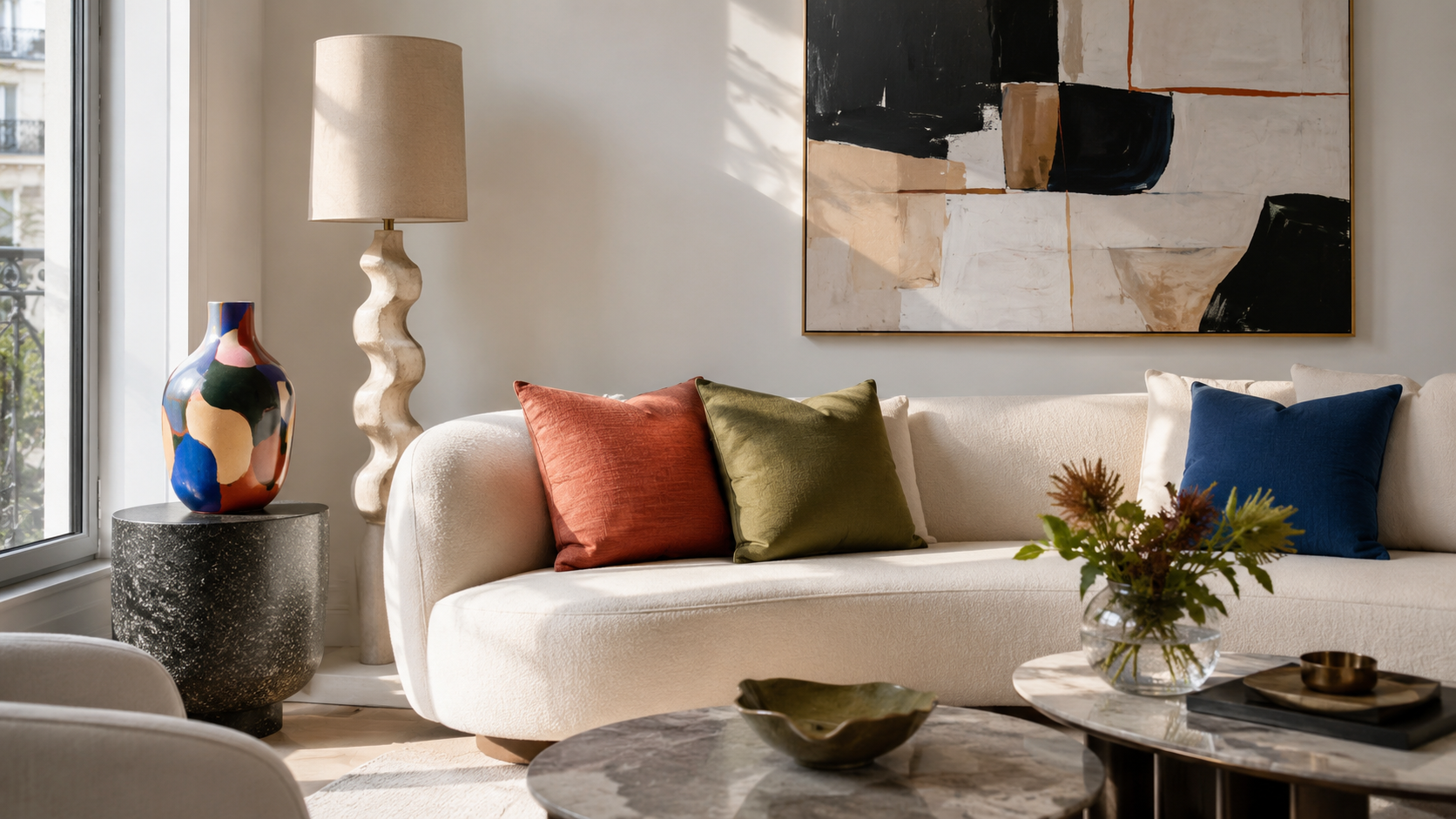 Salon contemporain avec murs neutres et touches de couleur par les coussins, vases et objets déco sans repeindre.