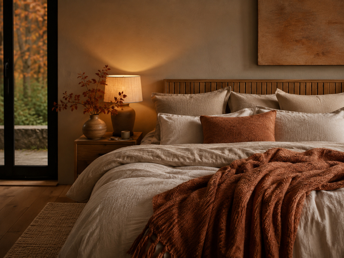 Chambre cocooning d’automne avec linge de lit texturé, lampe douce et teintes naturelles