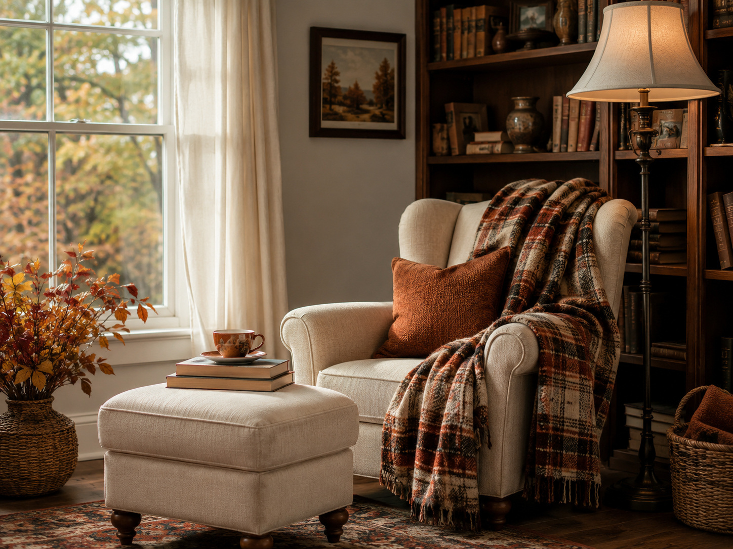 Coin lecture cocooning avec fauteuil enveloppant, ottoman, plaid et bibliothèque