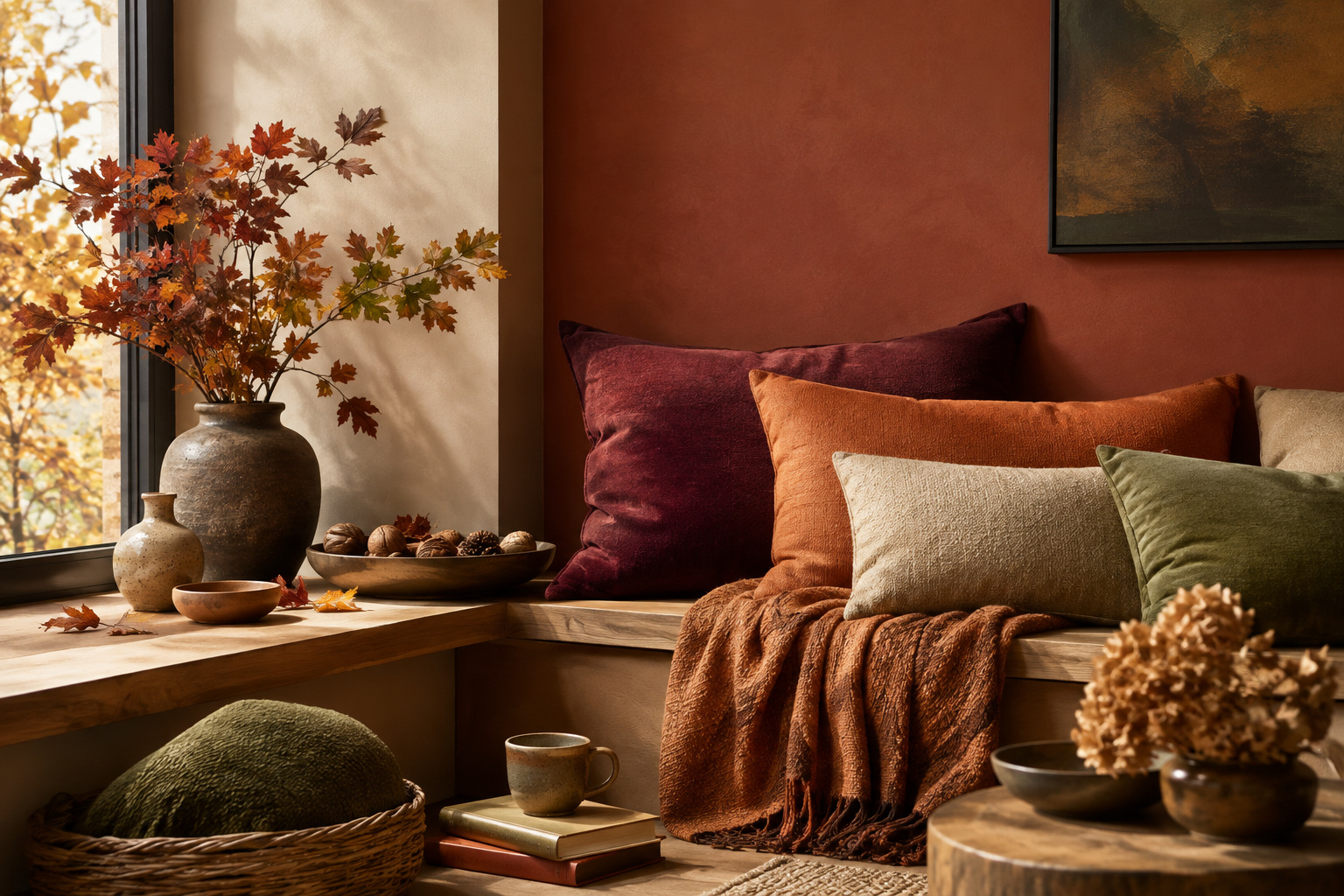 Coin cocooning aux couleurs d’automne avec coussins bordeaux, terracotta et vert mousse