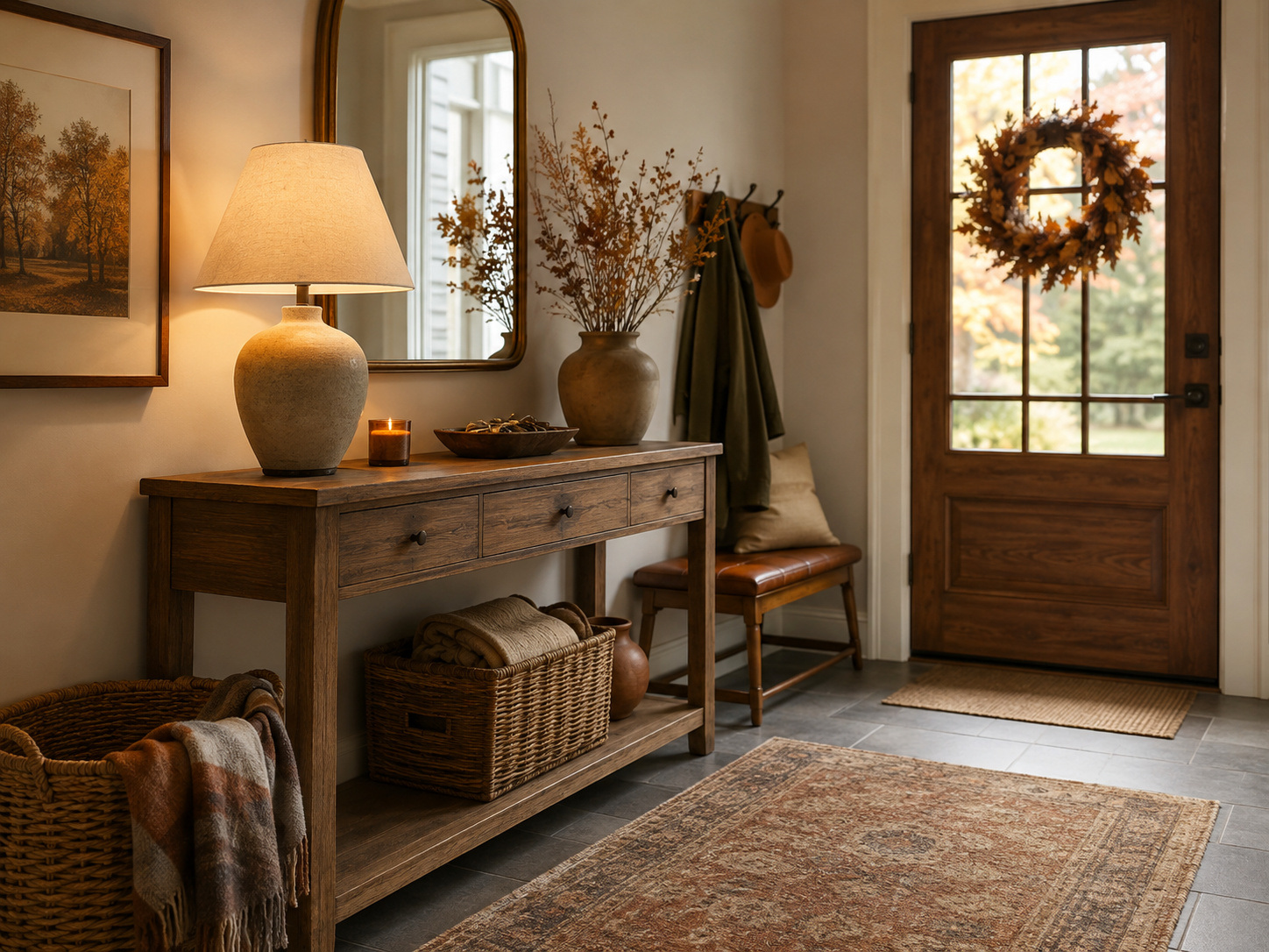 Entrée chaleureuse avec console en bois, couronne d’automne, panier et lumière douce