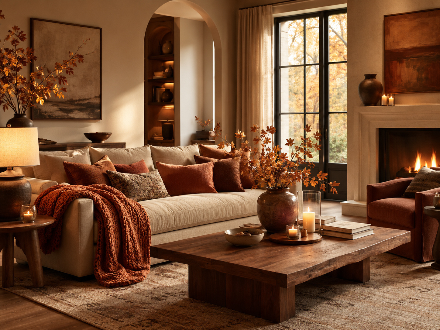 Salon cocooning d’automne avec lumière chaude, bois et textiles enveloppants